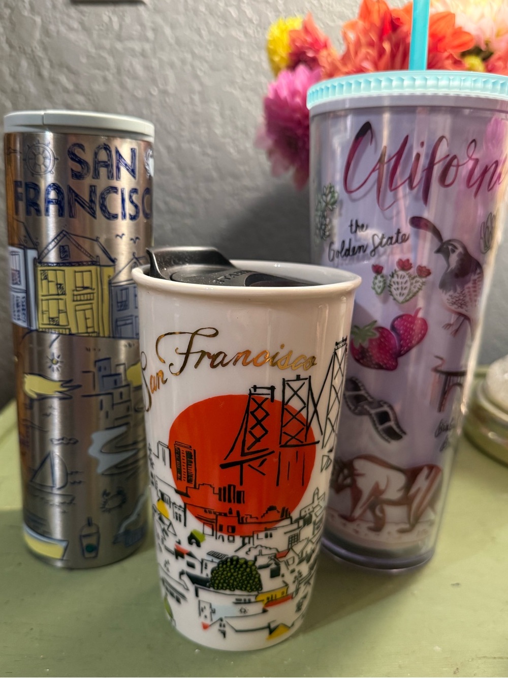STARBUCKS CALIFORNIA DRINK SET, venti tumblers, porcelain travel mug, steel mug